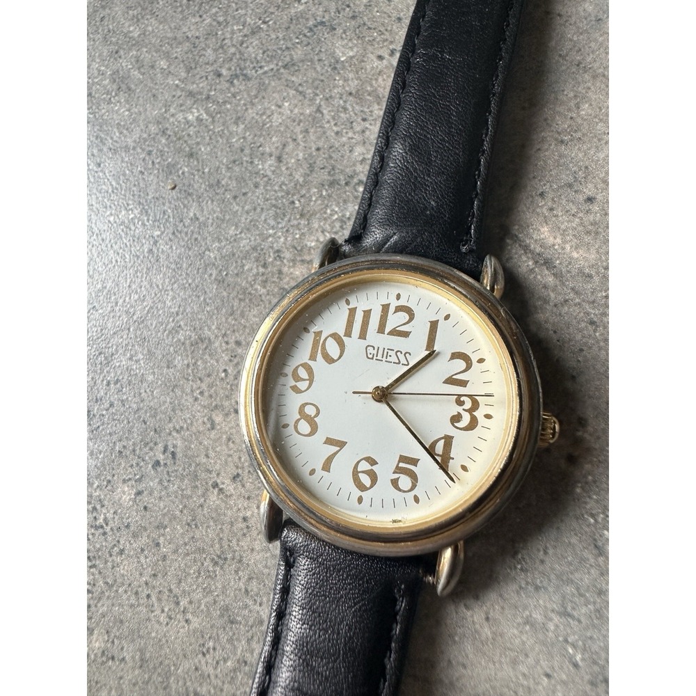 Vintage Guess Watch Women 1989 Black Leather Band Classic Guess? Upside Down ***